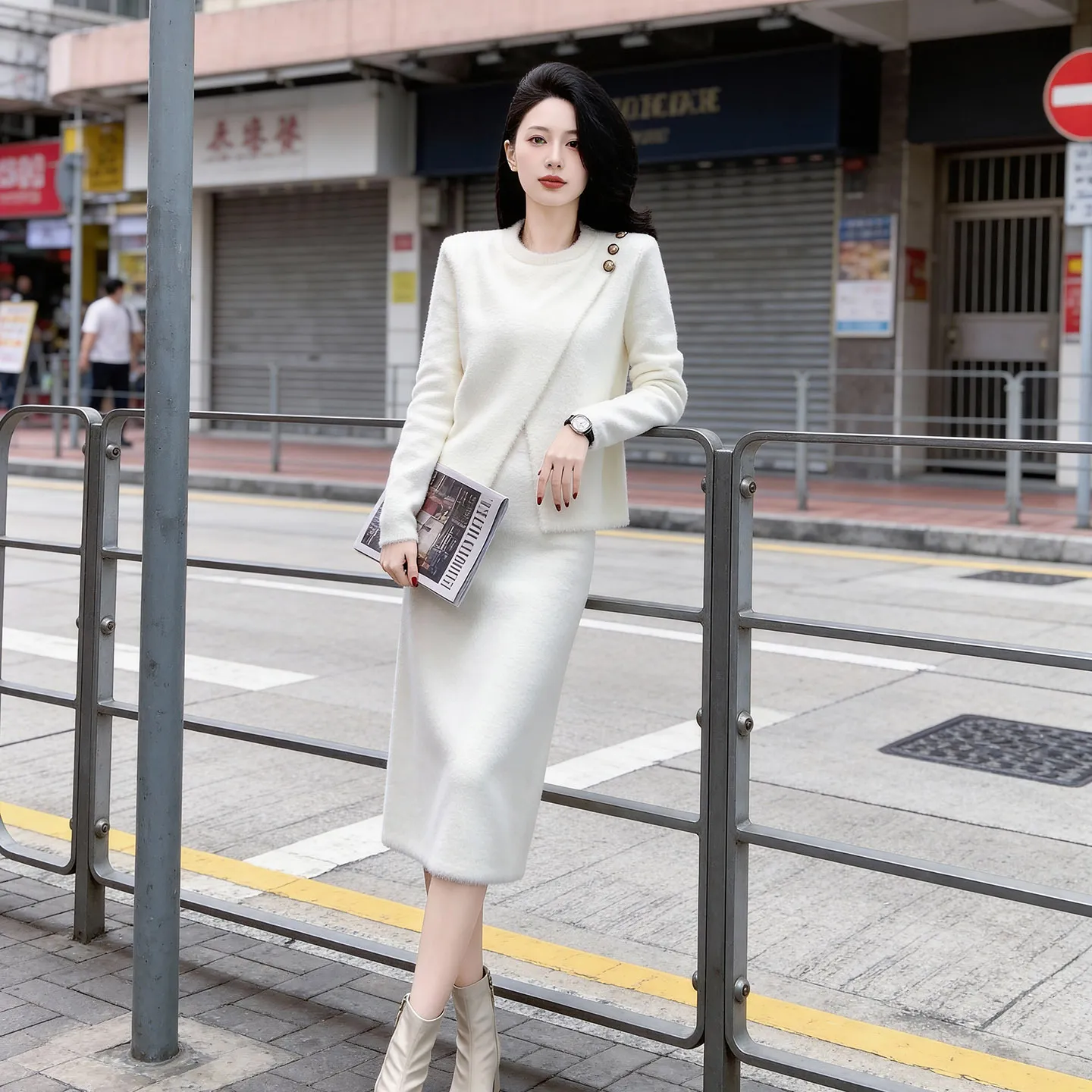 小香风时尚休闲套装女春新款防水貂过膝长款针织半身裙两件套装裙