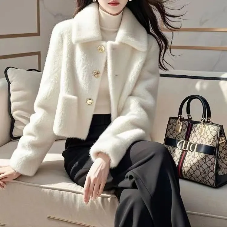 2025香风新款仿水貂毛皮毛一体女短外套冬季环保皮草毛毛大衣外套