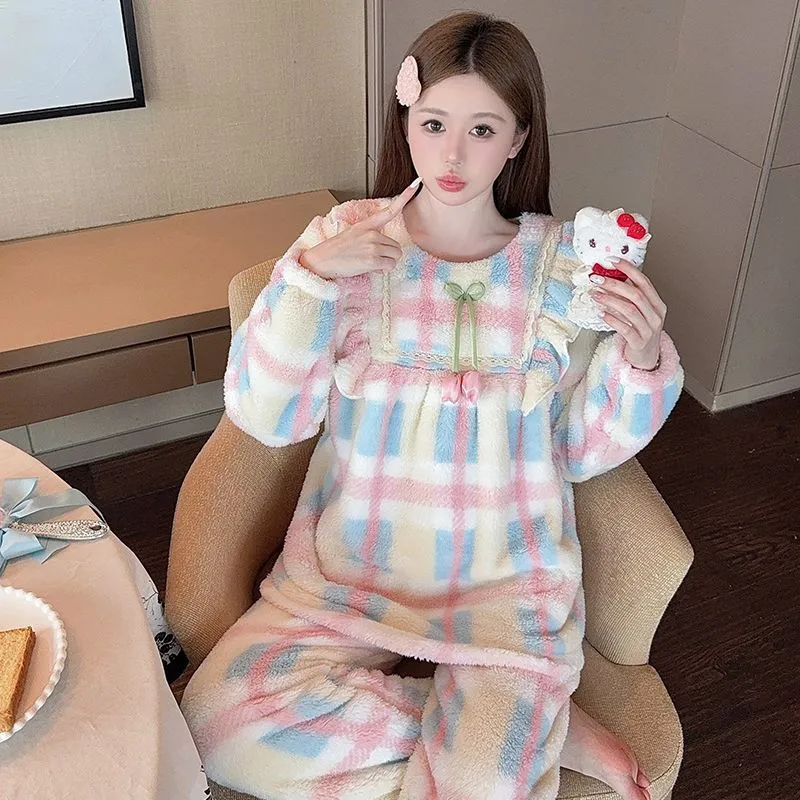 珊瑚绒睡衣女款秋冬季公主风格子长袖加绒加厚大码女士保暖家居服