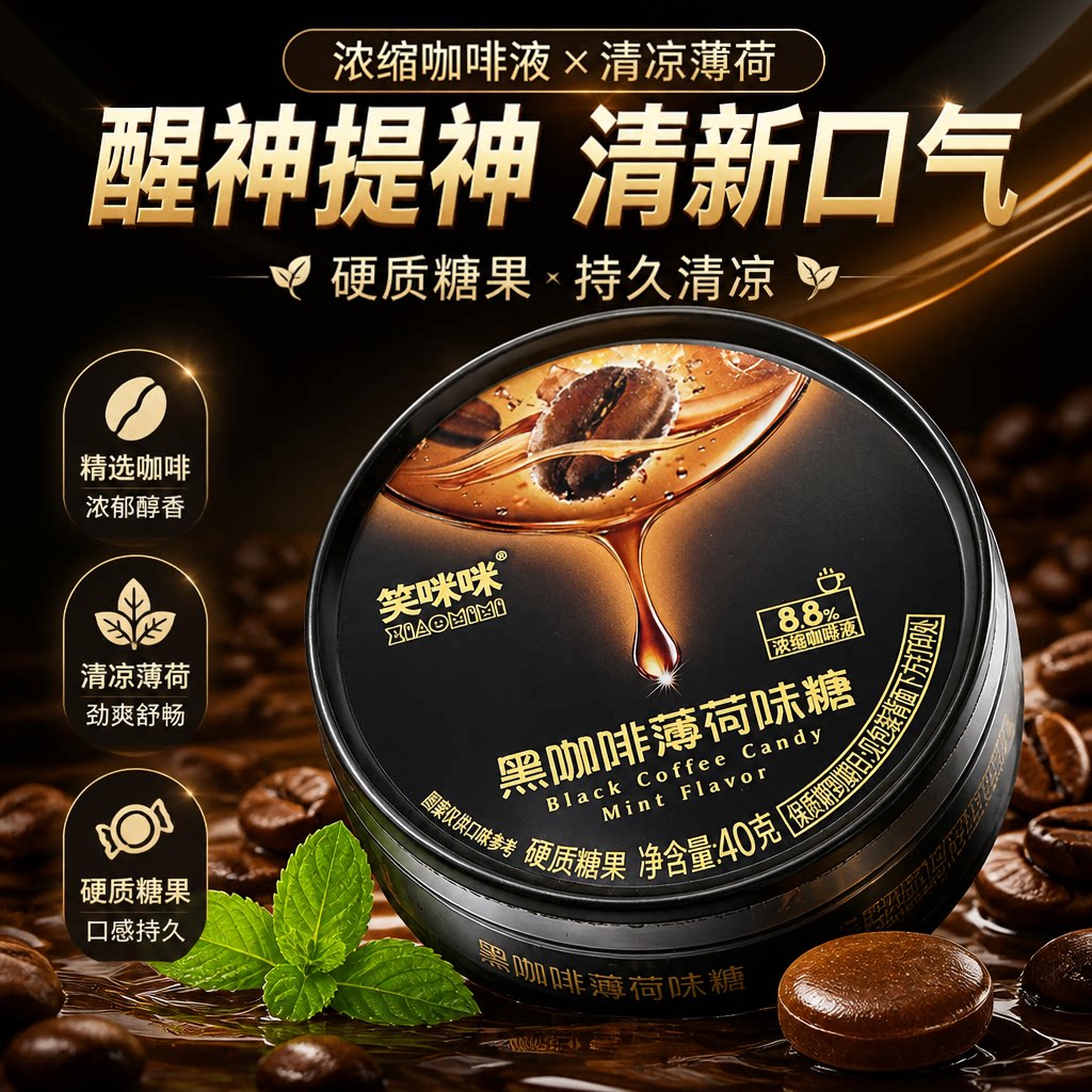 黑咖啡薄荷味糖果硬质糖果盒装40g约15粒/盒+寒冰润喉糖