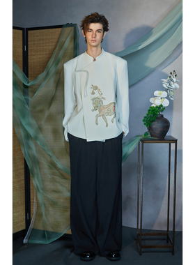 介尺JIECHI「以梦为马」新中式盘扣休闲白色西服外套男高级感上衣