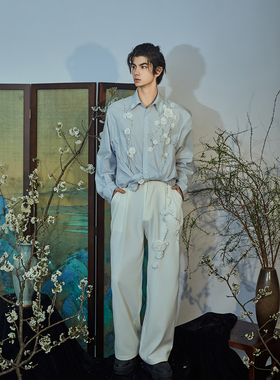 介尺JIECHI「梅引川」新中式国风宽松直筒卫裤休闲刺绣阔腿长裤