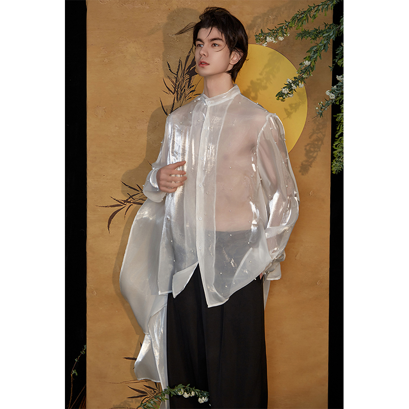 介尺JIECHI「月下珠泉」新中式高级感透明钉珠长袖衬衫男女