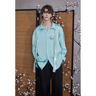介尺JIECHI「月海浅滩」新中式蓝色高级感宽松长袖缎面衬衫男女