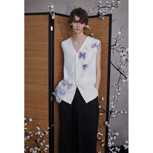 介尺JIECHI「春迟引蝶」新中式高级感白色慵懒宽松无袖衬衫男女