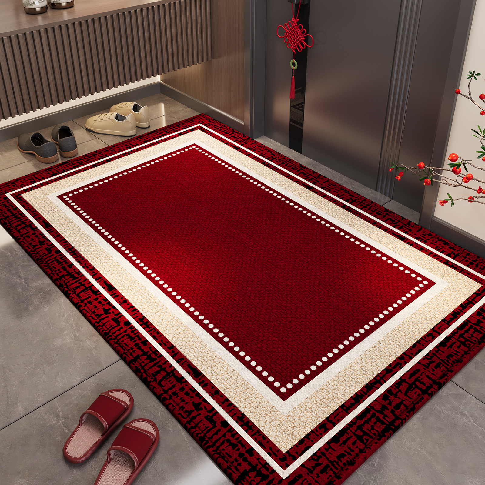 入户地垫红色喜庆乔迁进门口脚垫防滑耐脏地毯比利时绒家用可裁剪