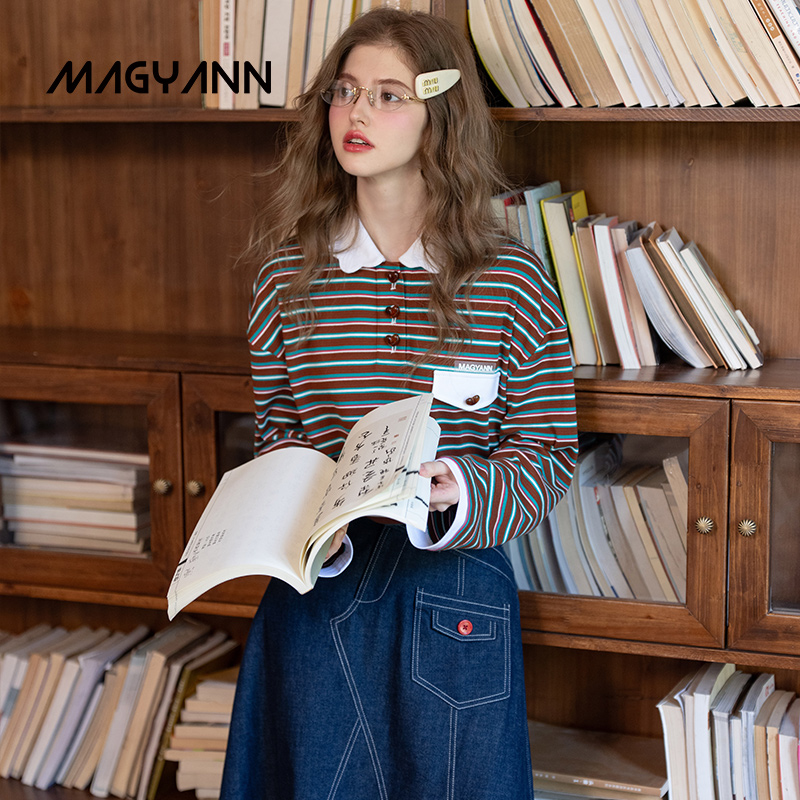 【白鹿同款】Magyann焦条2025早秋复古条纹polo衫设计师休闲T恤女