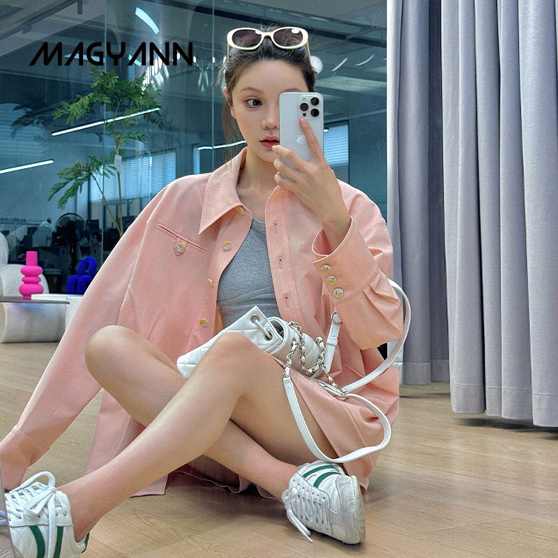 【云粉】Magyann设计师2025春通勤分割宽松衬衫压线活褶短裤套装