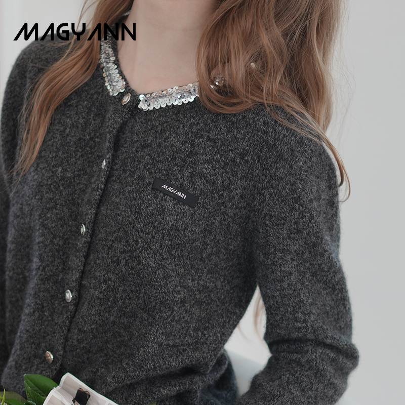 【夜曜】Magyann设计师原创2025冬格雷系上衣亮片领基础针织毛衣