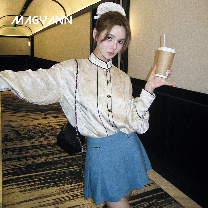Magyann设计师原创2025夏休闲优雅新中式国风金属扣立领镶边衬衫