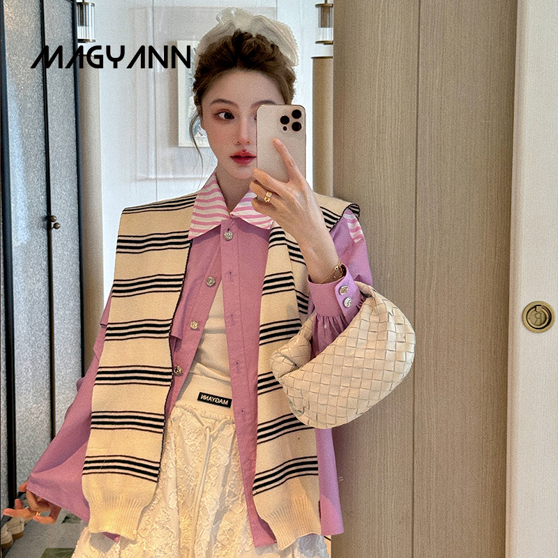 Magyann设计师原创2025秋休闲通勤撞色百搭长袖拼色三角袋衬衫女