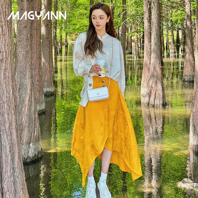 Magyann【梦华录】设计师原创黄色简约缎面不对称下摆半裙中长裙 女装/女士精品 半身裙 原图主图