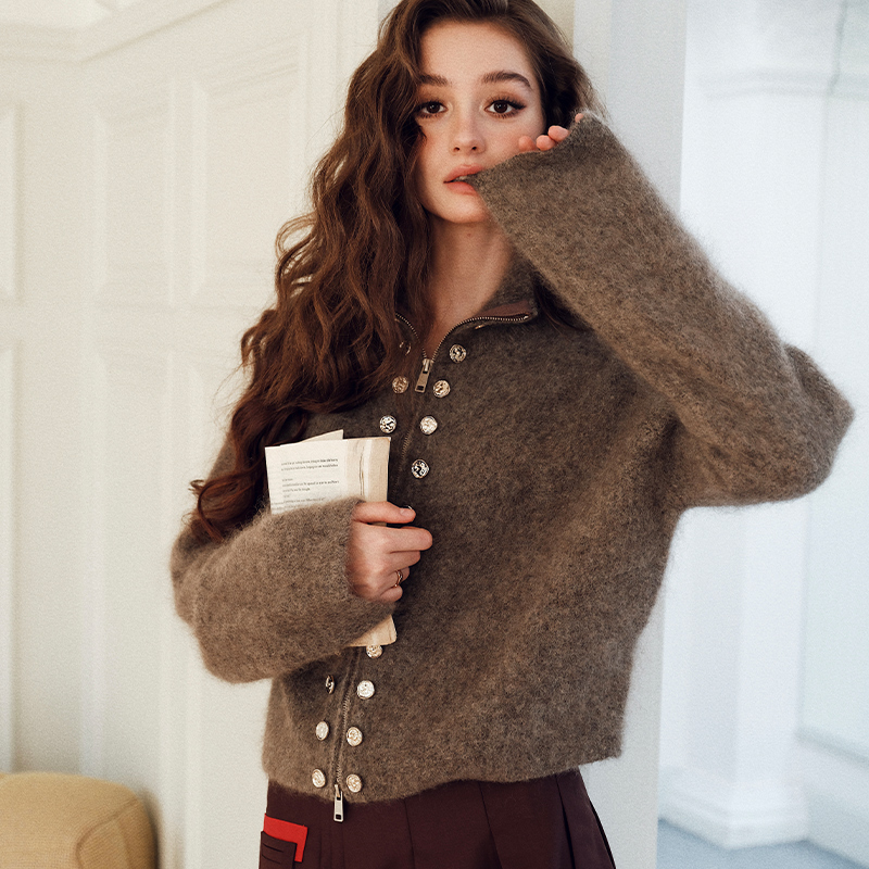 【明星同款】Magyann设计师款双排扣金属拉链开衫小众毛衣针织衫