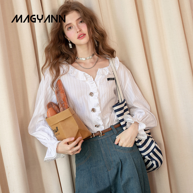 【雪如花】Magyann设计师原创2025秋气质通勤木耳边门襟衬衫女