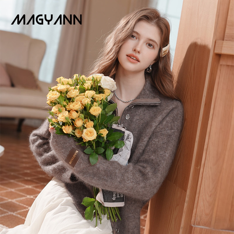 【明星同款】Magyann2025冬双排扣金属拉链开衫女小众感毛衣针织