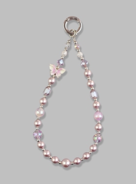 超好看串珠手机挂绳紫色珍珠手机链蝴蝶挂饰手腕水晶珠子手机挂链