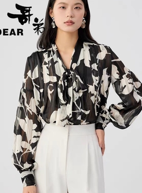 哥家女装法式浪漫印花衬衣秋季新款通勤压褶花边薄款衬衫130113