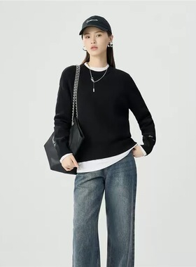 DEEP BREATH深呼吸同款圆领假两件直身廓形刺绣针织衫上衣A301730