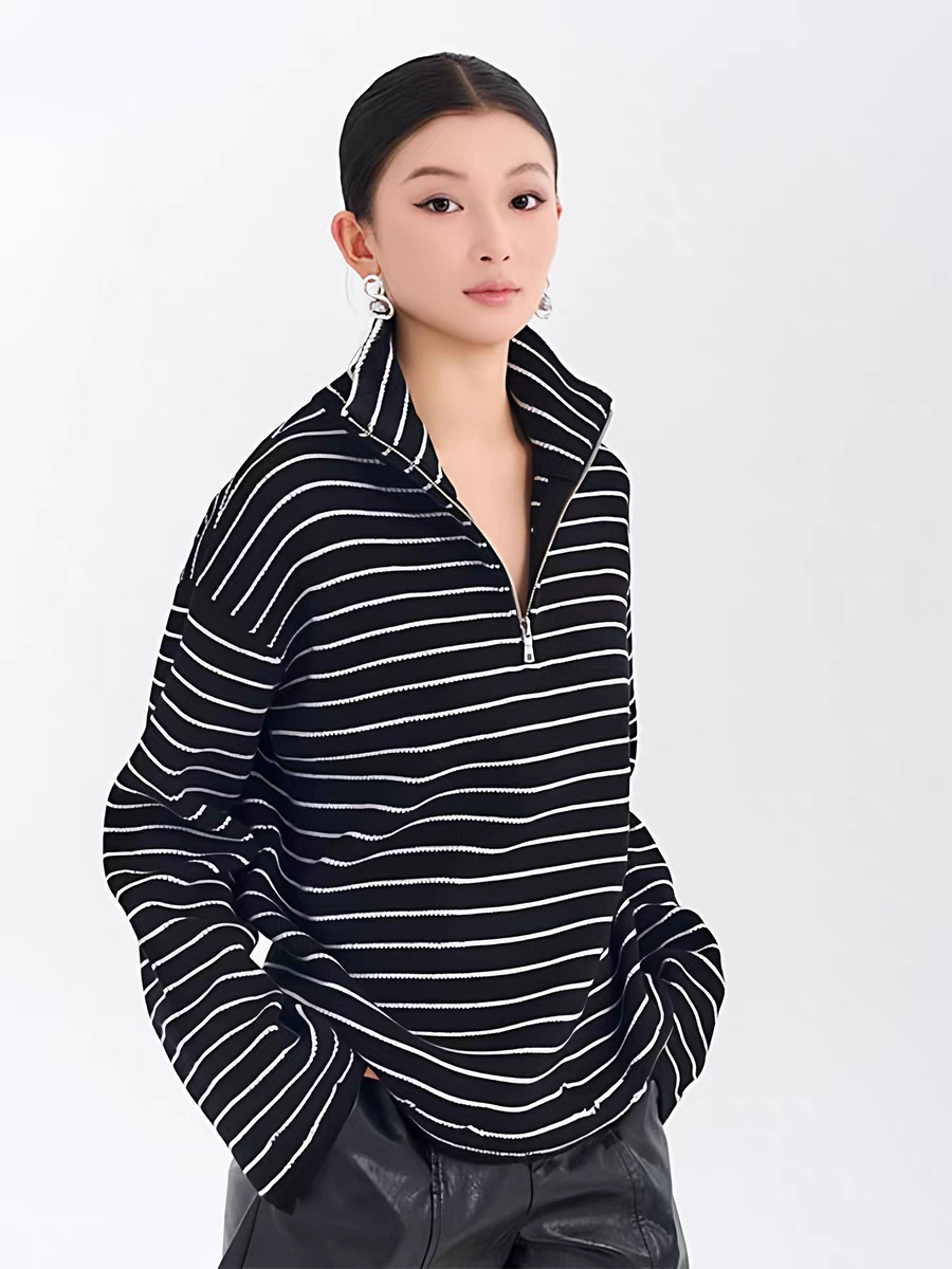国内代购阿玛施新款时尚百搭条纹落肩袖半拉链毛针织衫女538088