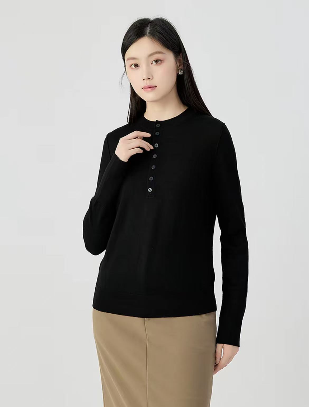 AMASS阿玛施2025春秋新款基础排扣亨利衫长袖圆领针织衫538102