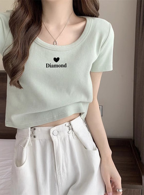绿色短袖t恤女纯棉2026年新款修身显瘦水滴领ins内搭外穿打底上衣