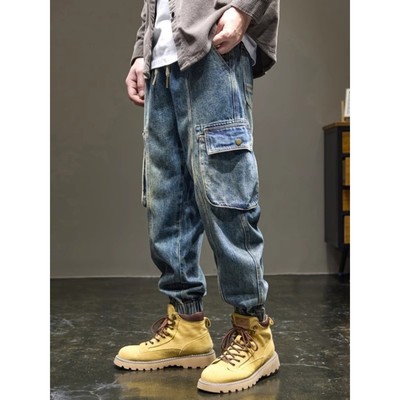 it neith BIAS覆古水洗工装牛仔男士秋季宽松束脚裤多口袋哈伦裤