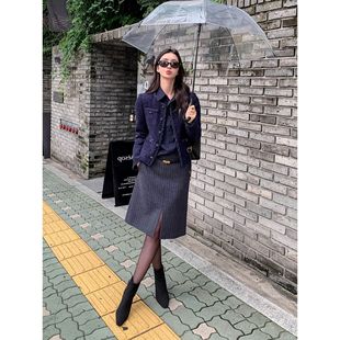 DORACTR 高阶气质感！竖条纹针织半身裙女秋冬中长款前开叉包臀裙