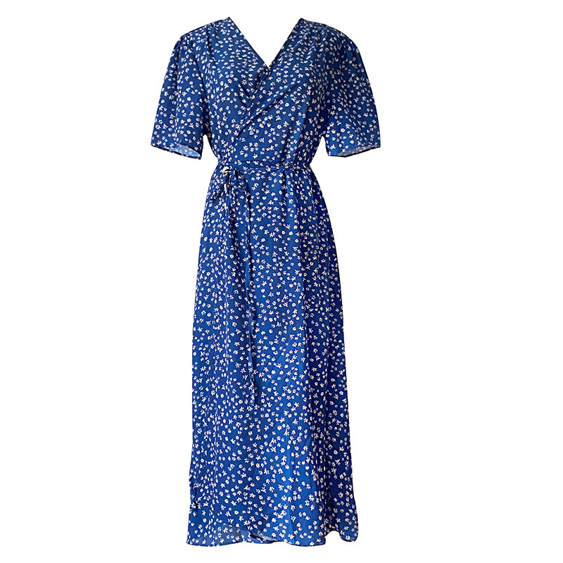 FRENCH BLUE FLORAL DRESS TEMPERAMENT GODDESS FAN CHIFFON DRESS SUMMER WAIST CINCHED THIN FLORAL SKIRT