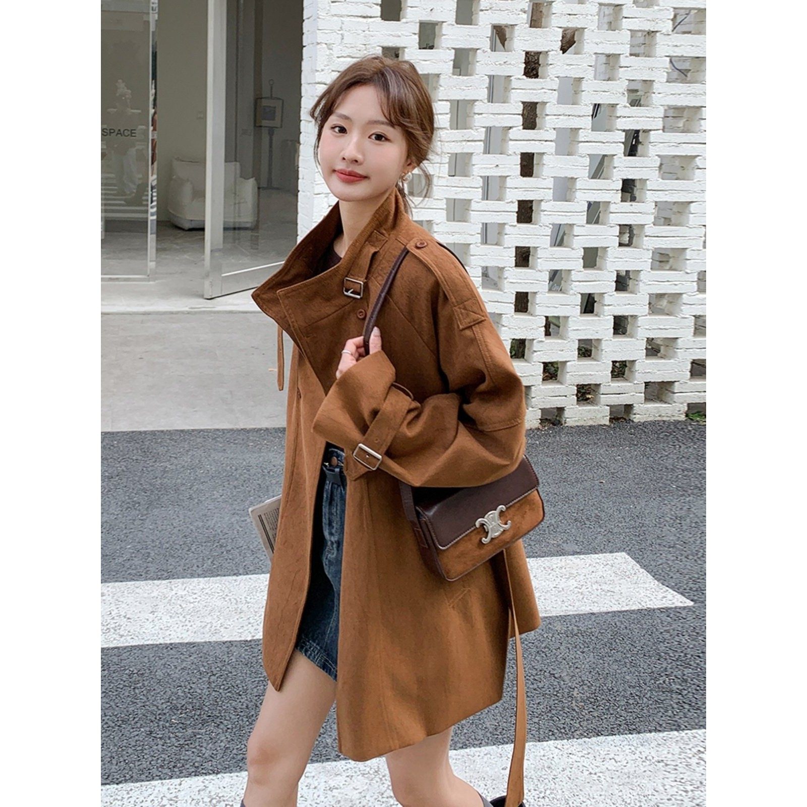 咖色工装风衣外套女秋季2025新款美拉德穿搭短款小个子麂皮绒大衣,女装/女士精品,风衣,淘宝优惠券,粉丝福利购,淘宝优惠卷