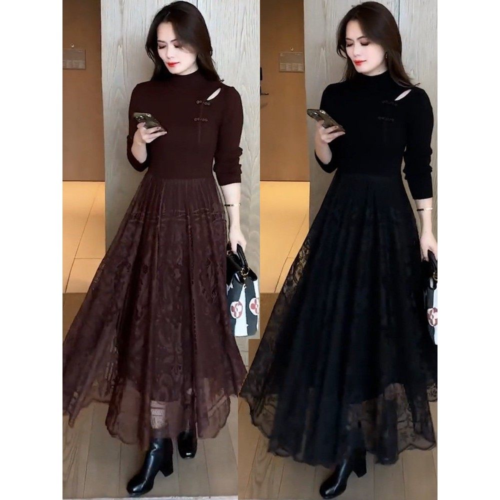 茉莉高定假两件连衣裙女中长款2025秋冬新款时尚显瘦蕾丝针织裙子