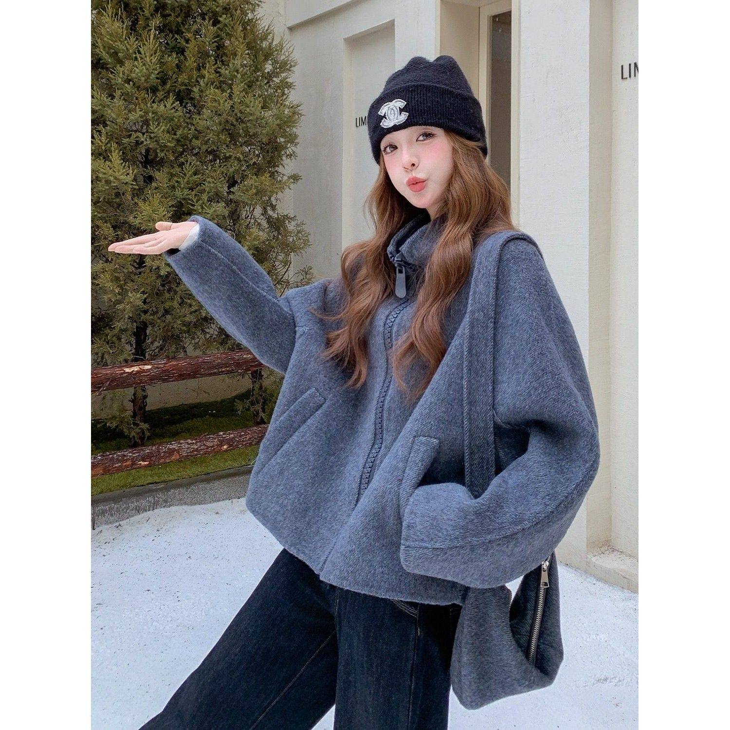 休闲时尚灰色立领短款毛呢外套女2025秋冬款简约百搭双面呢子上衣,女装/女士精品,毛呢外套,淘宝优惠券,粉丝福利购,淘宝优惠卷