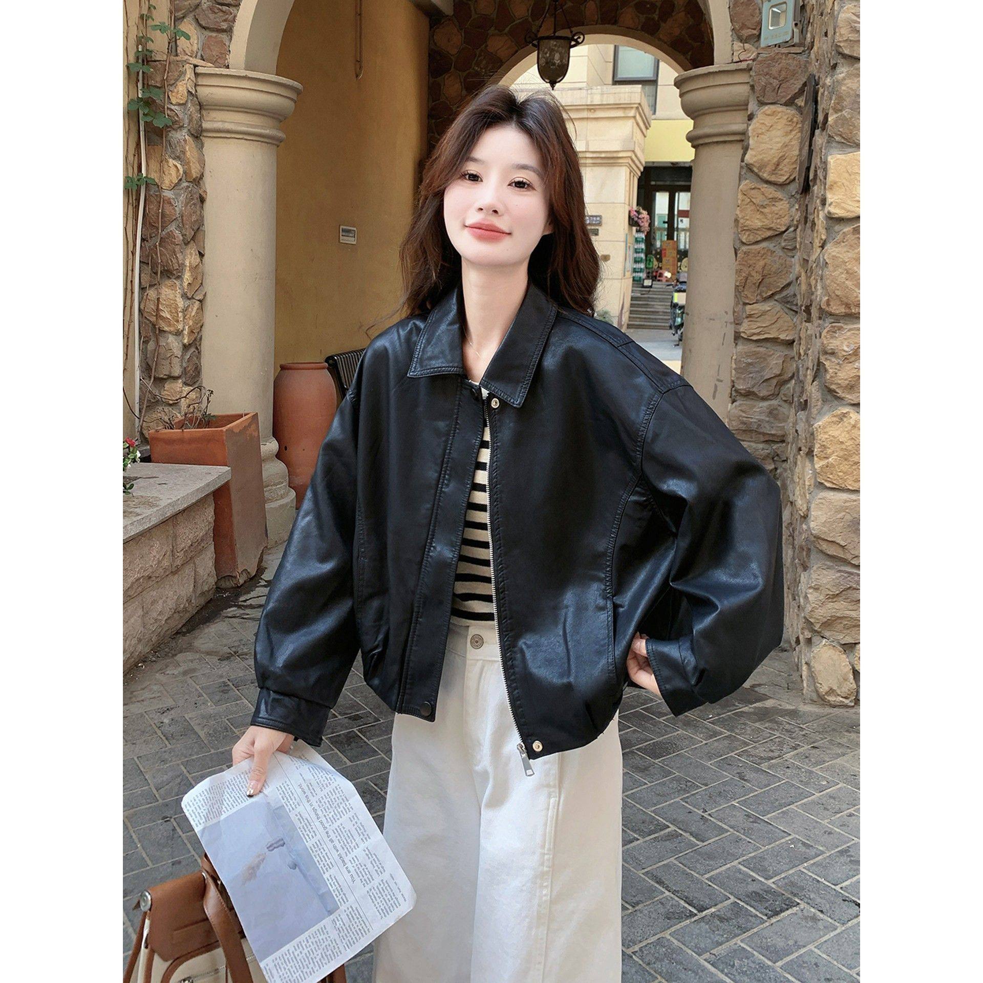 黑色美式酷飒风短款PU皮衣外套女2025秋小个子穿搭炸街翻领夹克,女装/女士精品,短外套,淘宝优惠券,粉丝福利购,淘宝优惠卷