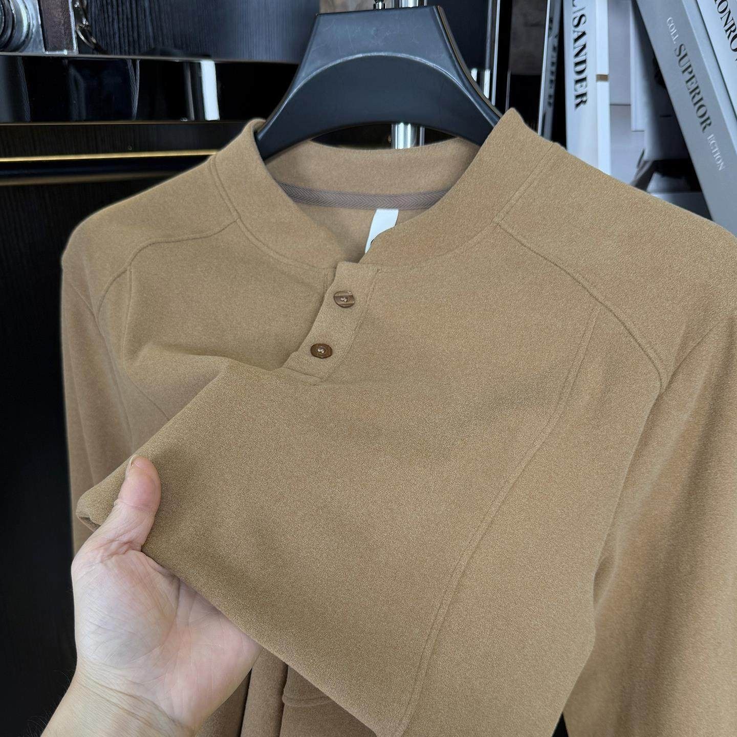 高端男士双面德绒打底衫秋冬纽扣立领长袖T恤加厚保暖内搭,男装,大码上装,淘宝优惠券,粉丝福利购,淘宝优惠卷