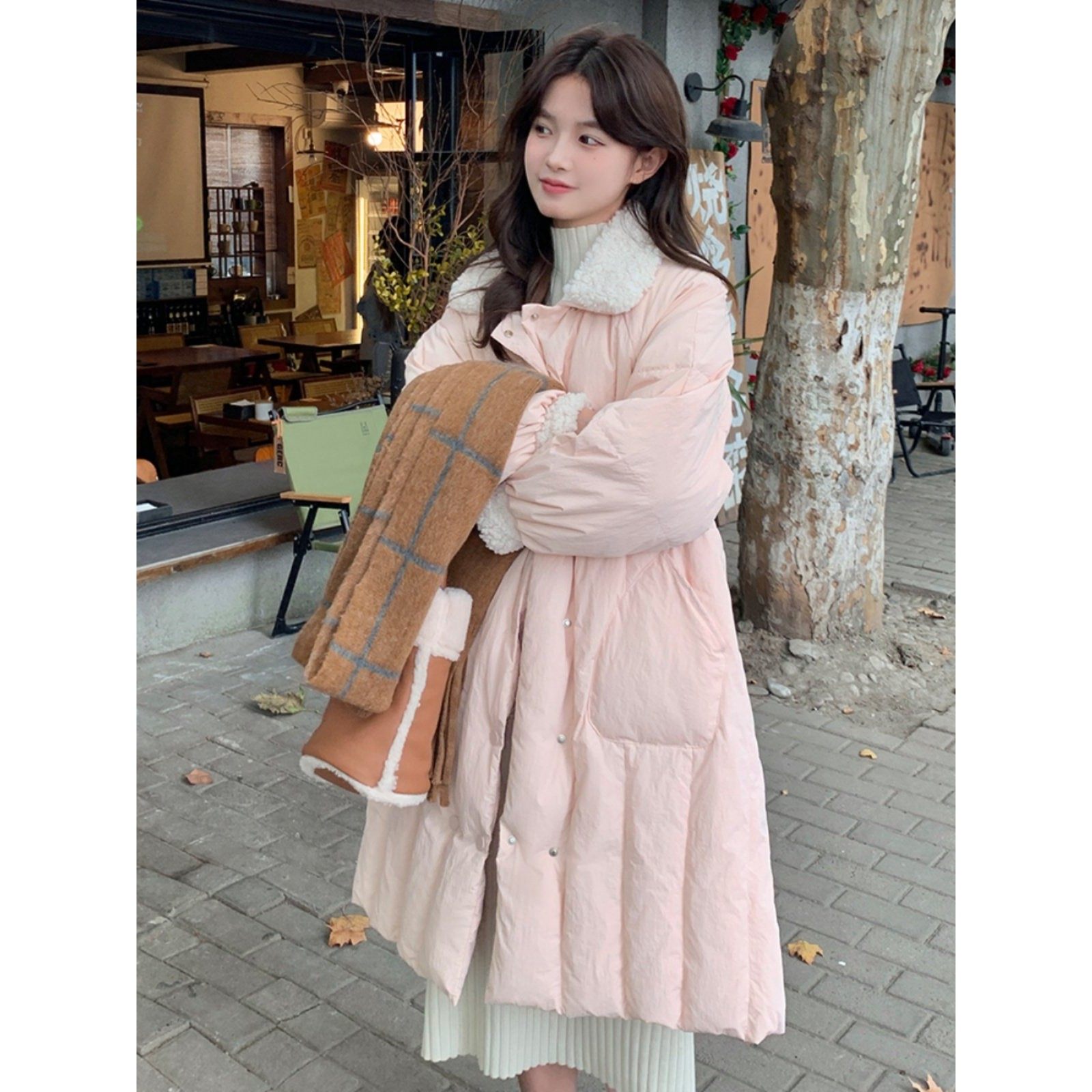 奶呼呼粉色收腰羽绒服女冬季中长款小个子韩系温柔加厚白鸭绒外套