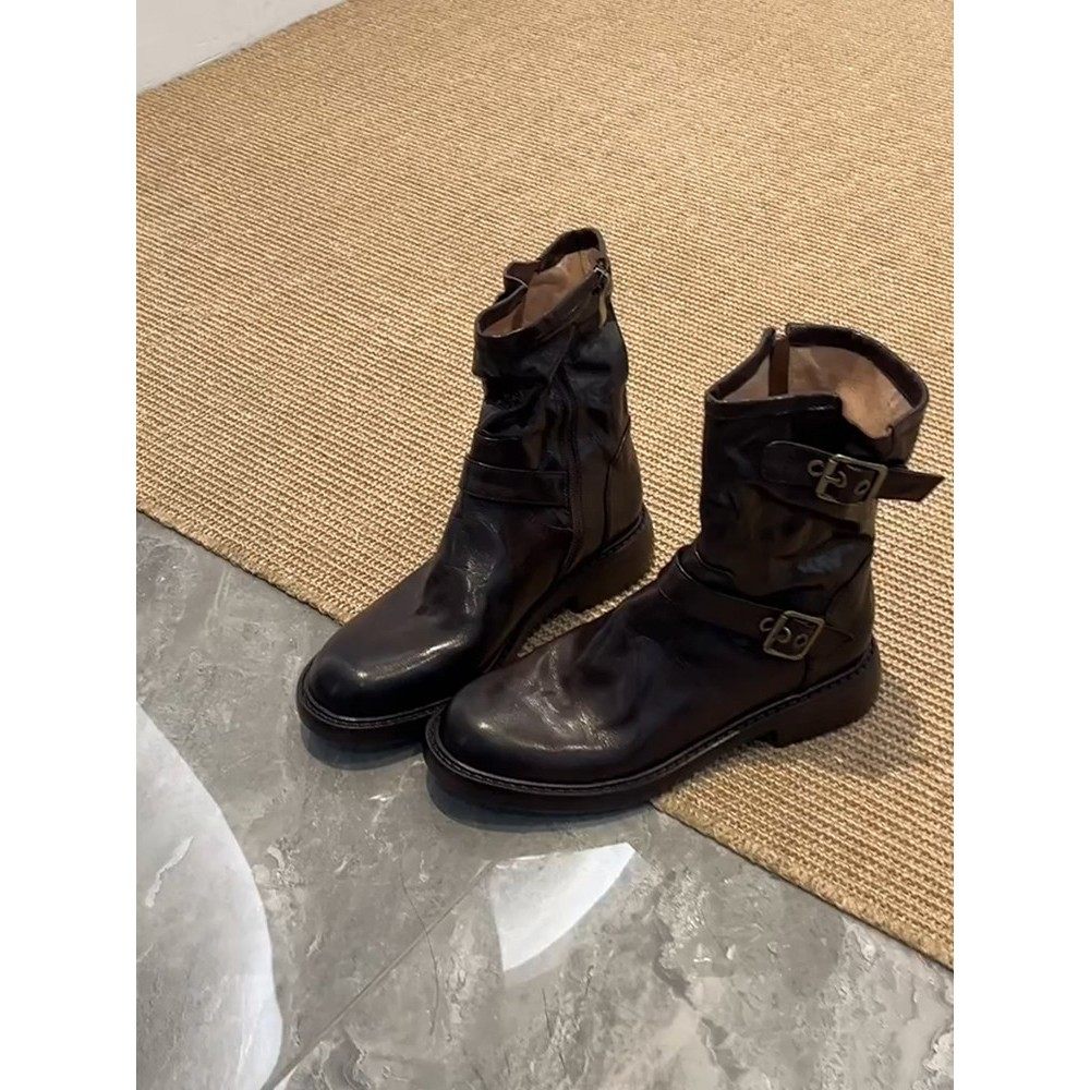 牛皮版！2025巨好看马丁靴女小众覆古英伦风皮带扣显瘦粗跟机车靴,女鞋,马丁靴,淘宝优惠券,粉丝福利购,淘宝优惠卷