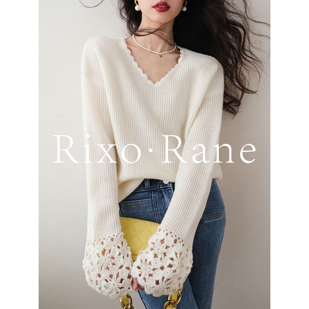 法国Rixo Rane优雅简约⭐小众设计感袖口钩花v领毛衣法式针织衫女,女装/女士精品,大码内搭,淘宝优惠券,粉丝福利购,淘宝优惠卷