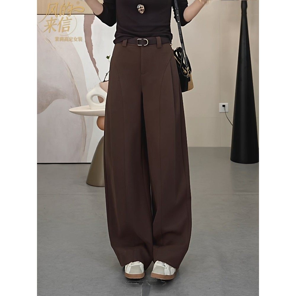 茉莉高定深焙棕阔腿裤女2025秋冬新款高腰显瘦加厚毛呢休闲弯刀裤,女装/女士精品,大码裤装,淘宝优惠券,粉丝福利购,淘宝优惠卷