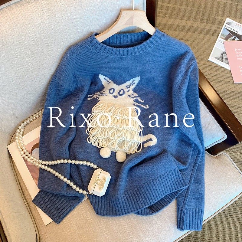 法国Rixo Rane ?法式设计感蓝色猫咪针织衫女秋冬季气质圆领毛衣,女装/女士精品,大码内搭,淘宝优惠券,粉丝福利购,淘宝优惠卷
