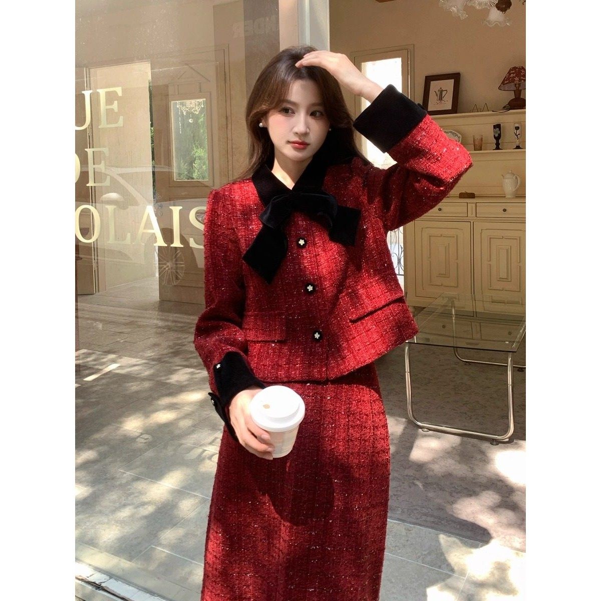 法式小香风红色毛呢套装女秋冬蝴蝶结外套半身裙两件套气质,女装/女士精品,时尚套装,淘宝优惠券,粉丝福利购,淘宝优惠卷