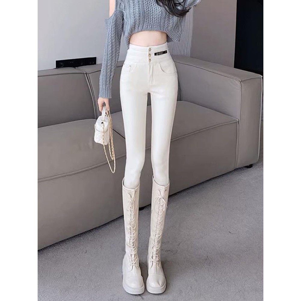 米白色超高腰牛仔裤女春秋2025新款加绒加厚显瘦弹力紧身小脚裤子