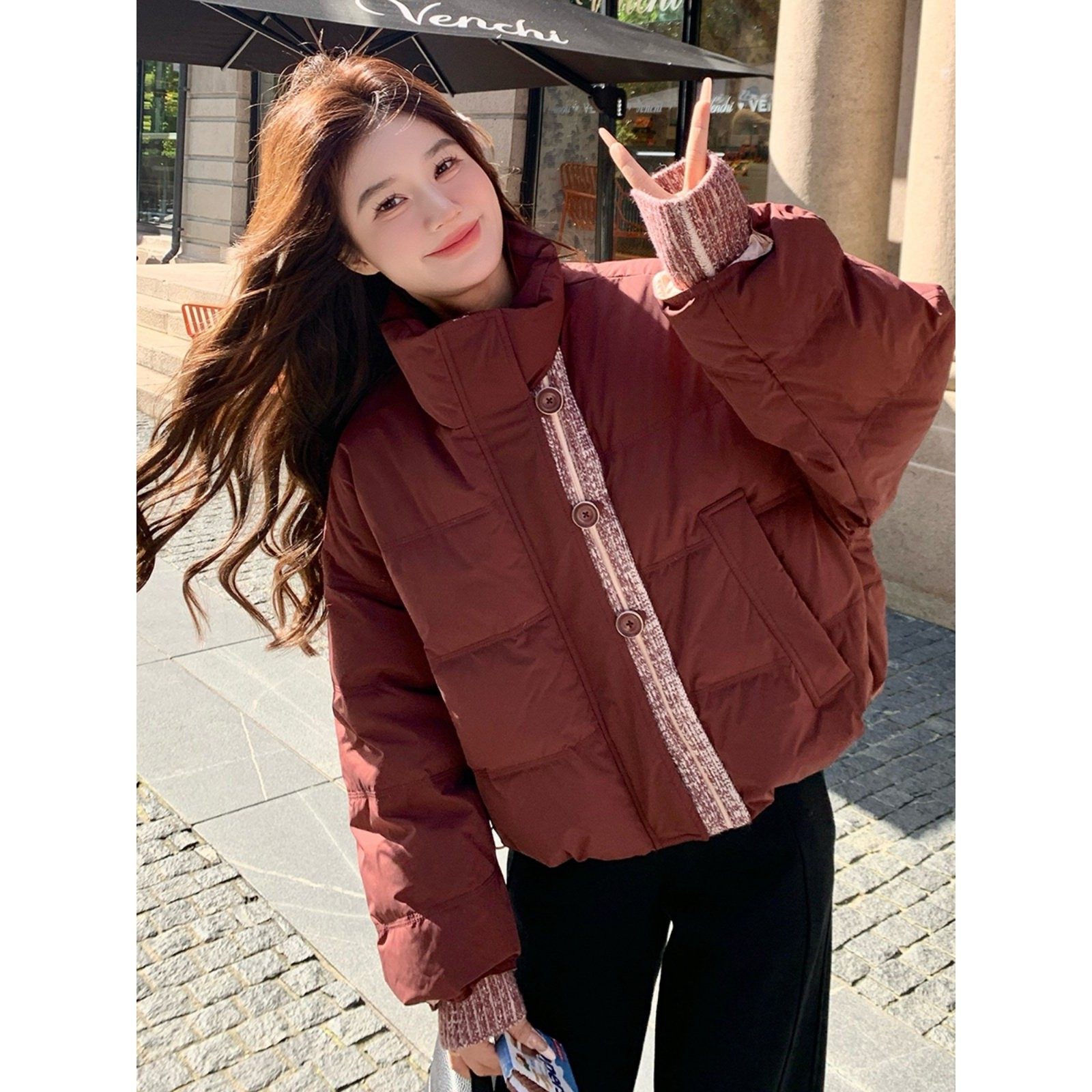 红色小香风立领羽绒服女冬季新款设计感小众爆款加厚90白鸭绒外套