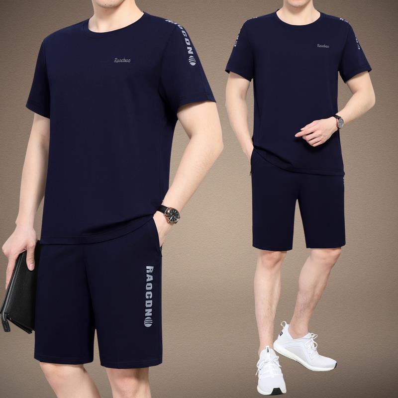 高档可外穿家居服男士夏季纯棉短袖短裤薄款夏款睡衣中年男款套装
