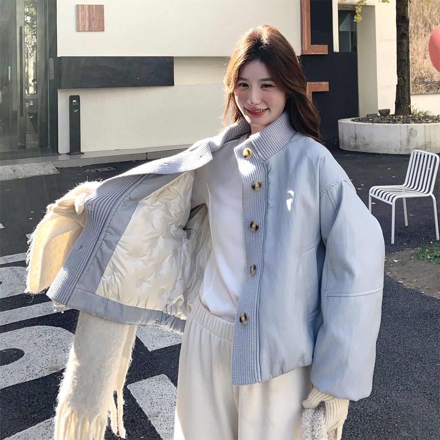 针织拼接蓝色pu皮羽绒服女冬季韩系新款短款小个子韩系白鸭绒外套,女装/女士精品,羽绒服,淘宝优惠券,粉丝福利购,淘宝优惠卷