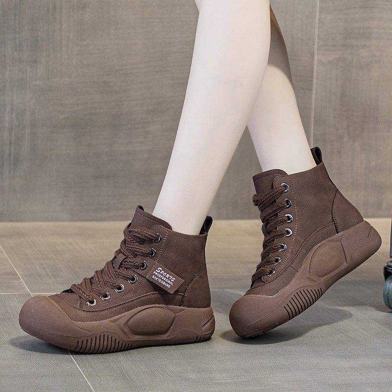 休闲厚底女鞋子平底真皮老爹鞋2024秋百搭加绒高帮单鞋运动板鞋潮,女鞋,高帮鞋,淘宝优惠券,粉丝福利购,淘宝优惠卷