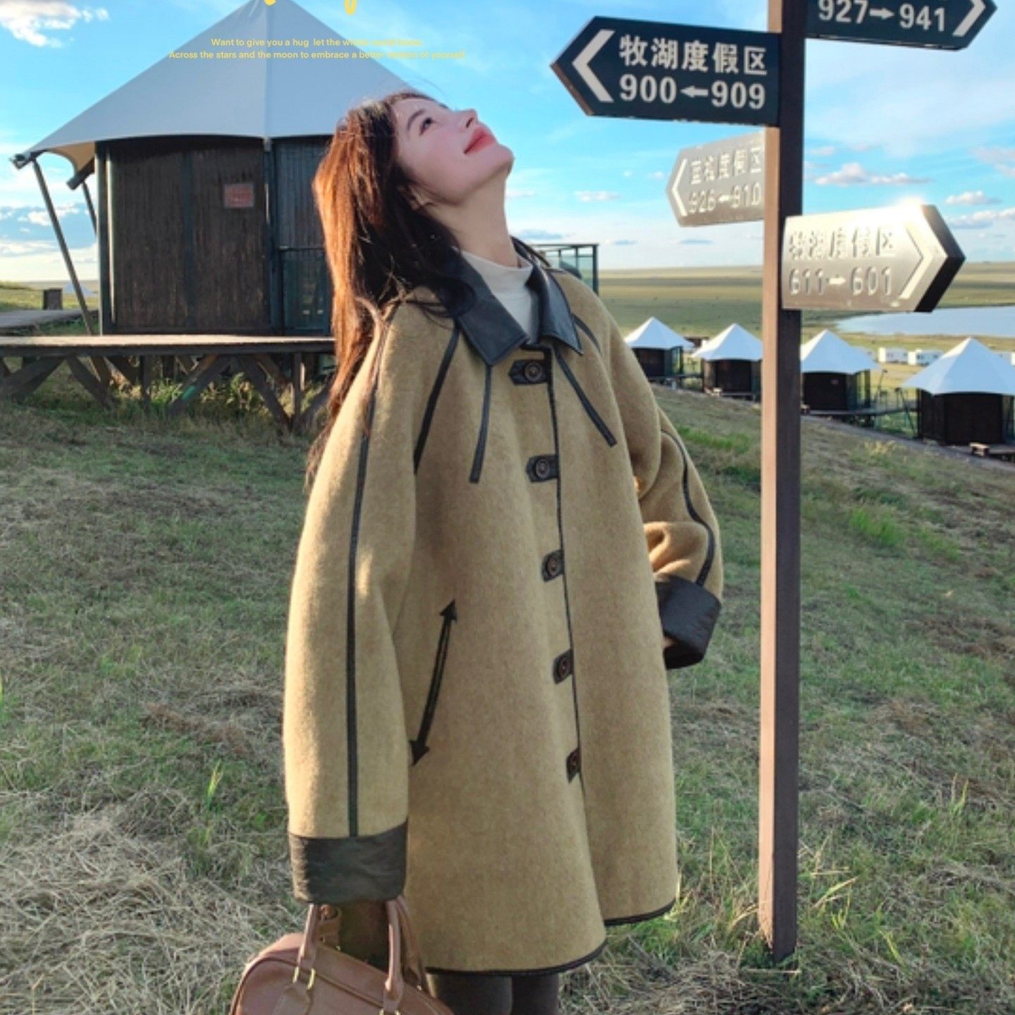 pu皮拼接毛呢外套女秋冬韩系新款爆款中长款流行超火呢大衣巨好看