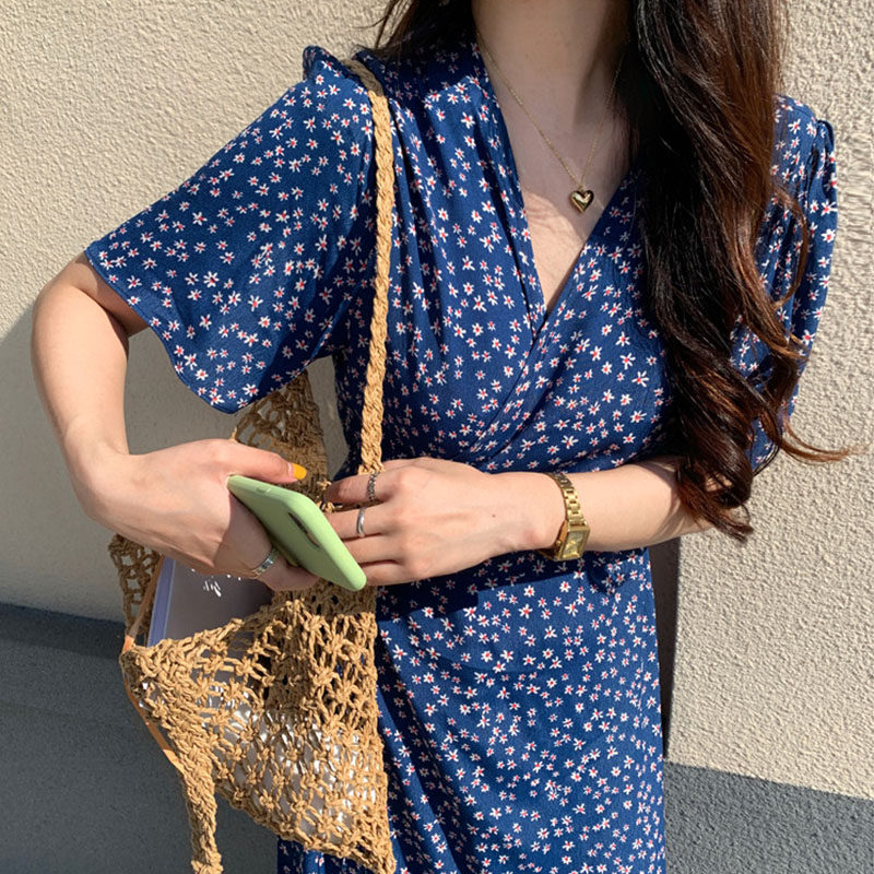 FRENCH BLUE FLORAL DRESS TEMPERAMENT GODDESS FAN CHIFFON DRESS SUMMER WAIST CINCHED THIN FLORAL SKIRT