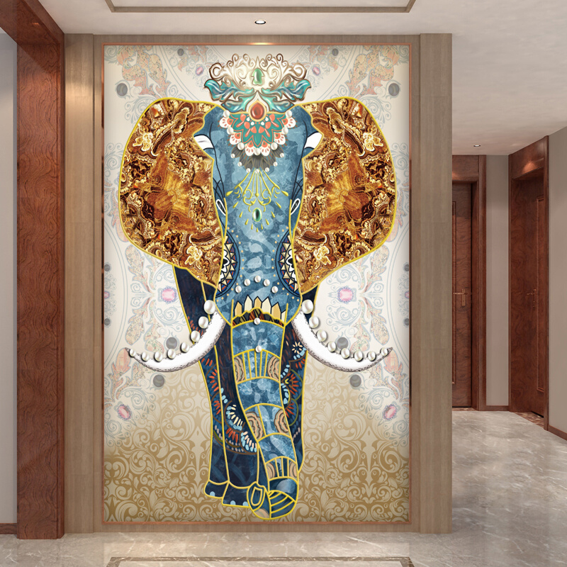 新款大象玄关装饰画轻奢风竖版过道背景墙欧式墙布壁画3d立体墙纸图片