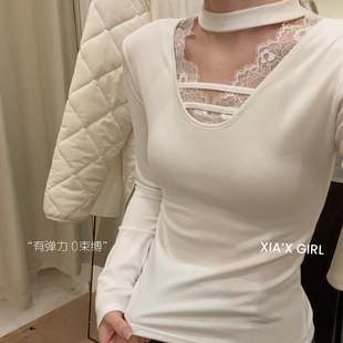FC2628MY XIA夏夏 加绒挂脖T恤上衣打底衫 修身 欲蕾丝拼接打底衫