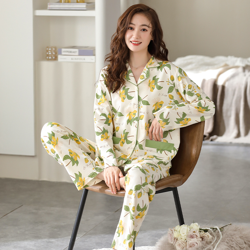 嫚琳雅-翻领开衫长袖+长裤套装宽松休闲女款睡衣套装1197-香草黄