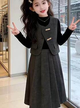 女童冬装小香风套装2025冬季新款毛呢马甲上衣纯色半身裙三件套潮